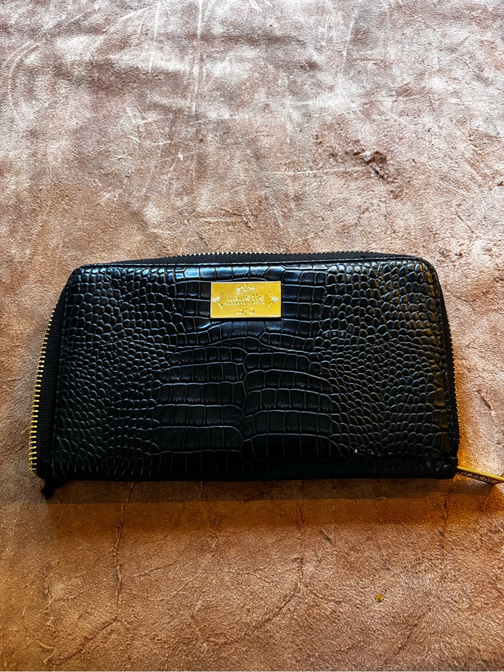 Nanette Lepore Black Croc-Embossed Zip Wallet with Gold Plaque